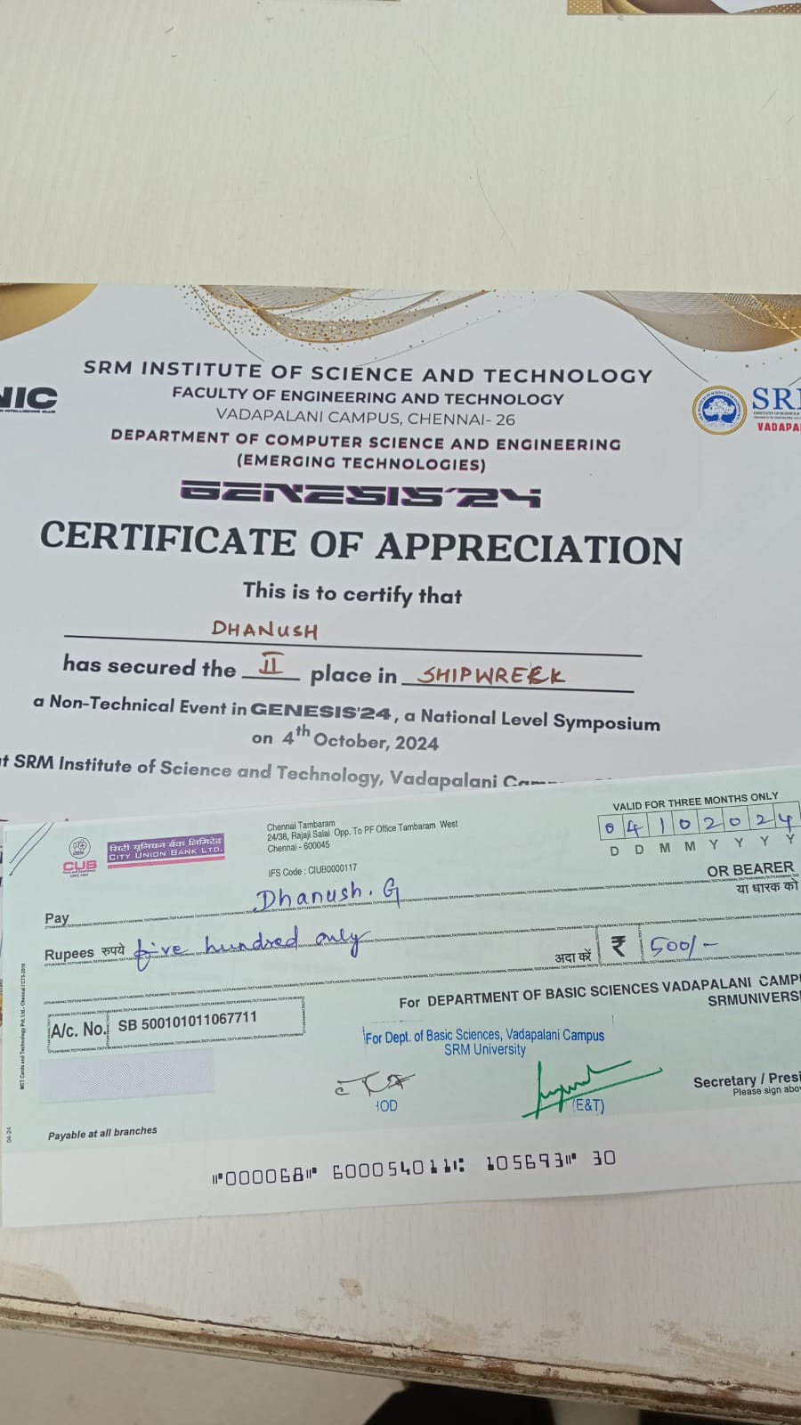 Certificate and Prize