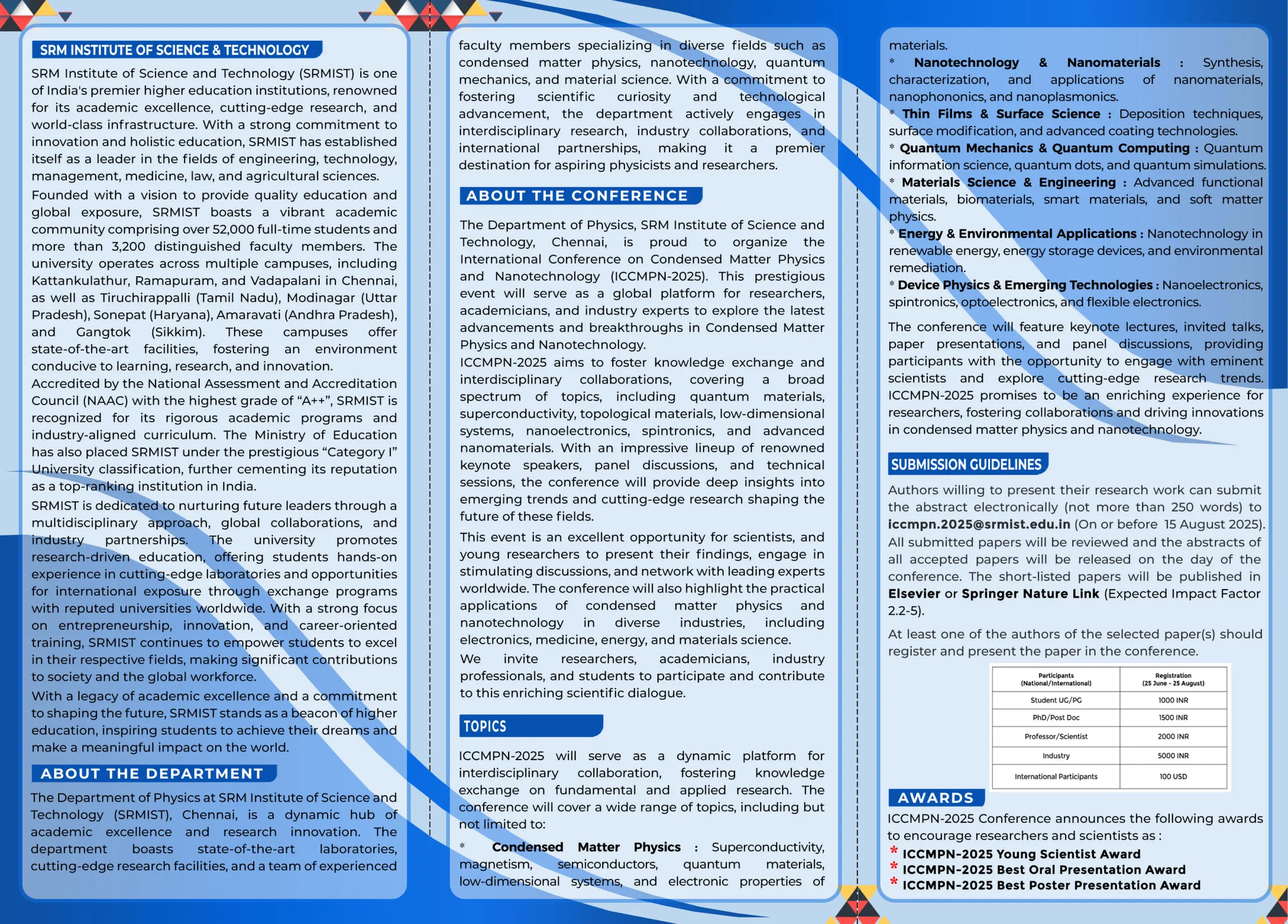 International Conference on Condensed Matter Physics and Nanotechnology  (ICCMPN-2025) - SRM IST CHENNAI - SRMIST - Vadapalani Campus